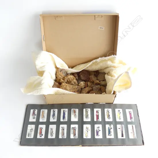 BOX OF KAURI GUM AND CIGARETTE CARD ALBUM