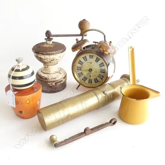 5 ASST. ITEMS; 3 GRINDERS; 2x COFFEE, PEPPER BY WOLFGANG PUCK, ENAMEL SYRUP POURER, COPPER ALARM CLOCK