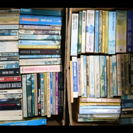 2 BOX LOTS BOOKS; PAPER BACK MILITARY NOVELS ETC