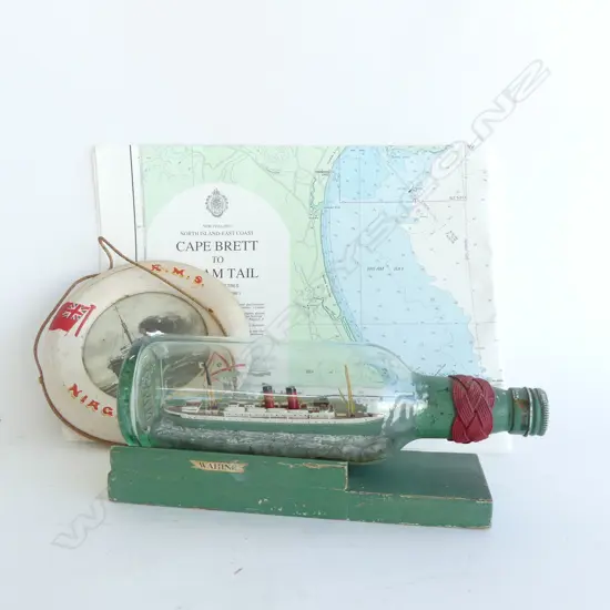 SHIP IN A BOTTLE (L 270MM), RMS NIAGARA LIFEBOUY FRAME (DIA 170MM) + CAPE BRETT TO BREAM TAIL NZ MAP 