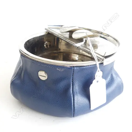 GIORGIO GIOBAGNARA FOR B HOME INTERIORS 'LAURENCE BEAN BAG' CIGAR ASHTRAY; BRASS PALLADIUM / BLUE LEATHER 1.2 KG 