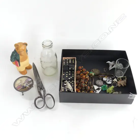 ASST. ITEMS; COSTUME JEWELLERY, BEVERLY JONES BEAR, DOMINOES ETC