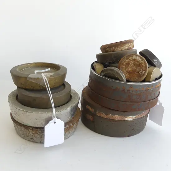 SET 9 OLD FLAT CIRCULAR BRASS & OTHER WEIGHTS + 2 TINS SML WEIGHTS nails etc