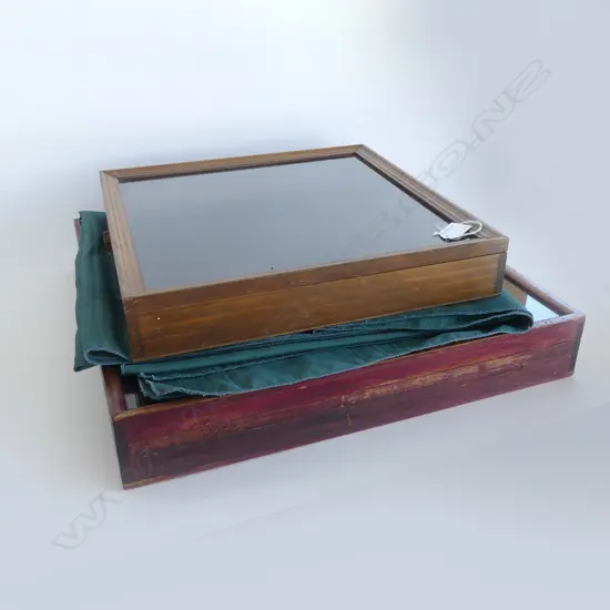 2 WOODEN FRAMED GLAZED TABLE DISPLAY CABINETS LARGEST 480 SQ