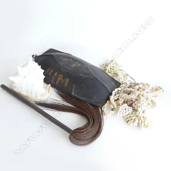 CARVED WOODEN BOWL W.530mm + SHELLS & AFRICAN FLY WHISK