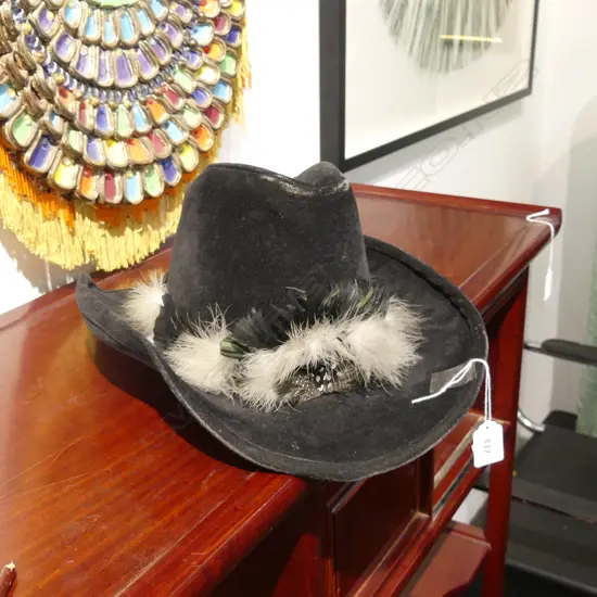 VINTAGE BAILEY U-ROLLIN WESTERN HAT WITH FEATHER BAND