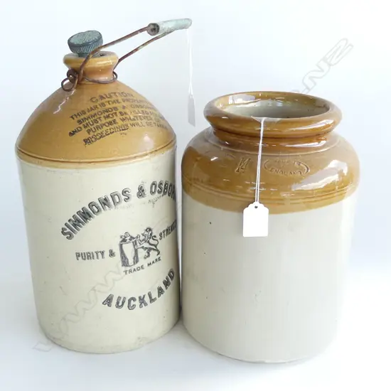 2 STONE CROCKS; SIMMONDS & OSBORNE AUCKLAND W STOPPER (H 360MM) & ONE OTHER (H 275MM)