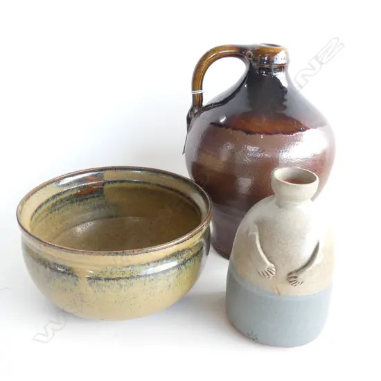 3 POTTERY ITEMS BOWL MARKED CB & SMALL JUG AS PERSON AND TALL BALLUSTER SHAPED FLASK