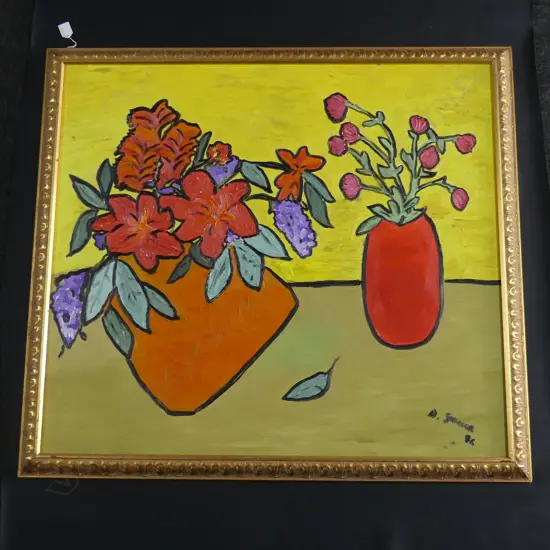 LARGE YELLOW STILL LIFE OIL GILT FRAME; SIGNED & DATED '96 790x885mm