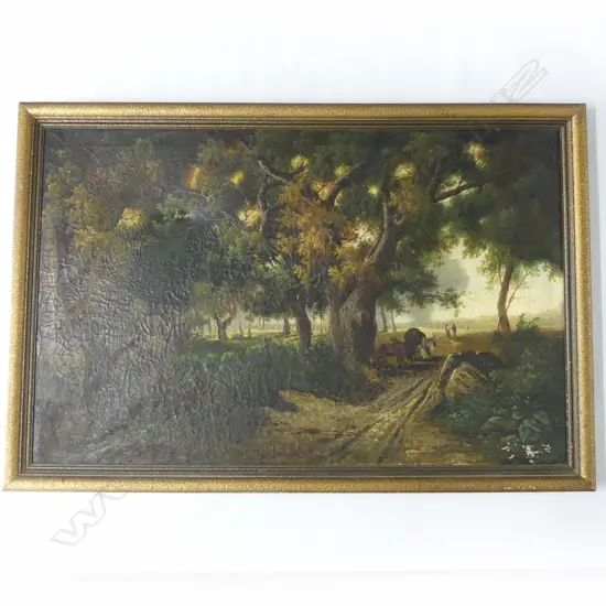 LG EUROPEAN OIL, LANDSCAPE WITH FIGURES, SIGNED, SOME PAINT LOSS, 680 x 1050mm 