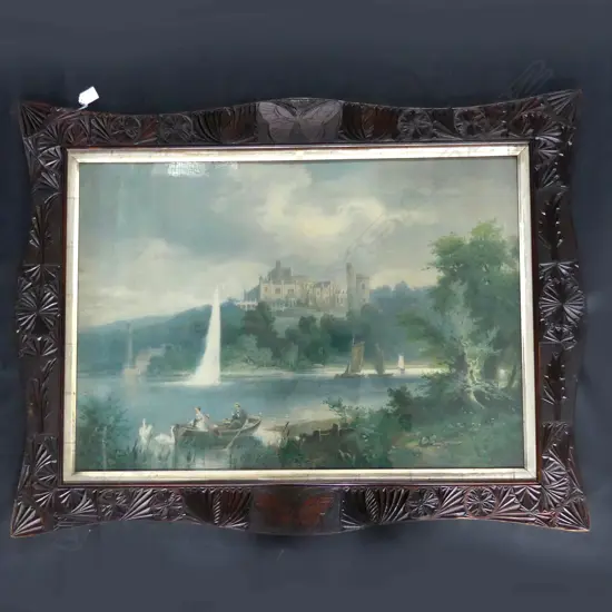 LGE EARLY 20thC CHROMOLITHOGRAPH LANDSCAPE IN CHIP CARVED FRAME 570x820mm