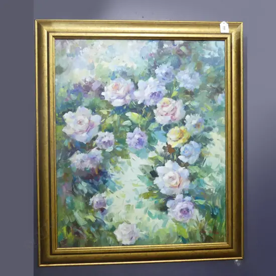 SIGNED FLORAL STILL LIFE IN BLOOM, ACRYLIC ON BOARD, SIGNED. 500 x 600mm