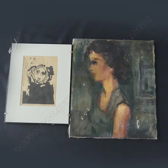 2 ARTWORKS; ABSTRACT PRINT & SIGNED UNFRAMED OIL PORTRAIT 550x460mm