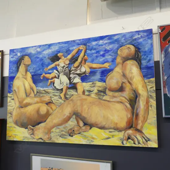 M BRYCE, NUDE LADIES ON BEACH, LG OIL ON BOARD, SIGNED 05/97, 1900 X 1220MM