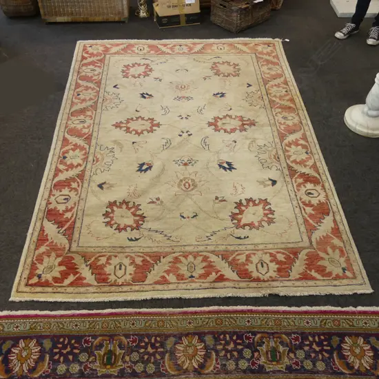 LRG HAND KNOTTED PALE WOOL PILE RUG w. RED BORDER 2500x1770mm
