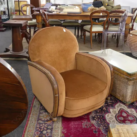 ART DECO TUB CHAIR  - VELVET WITH WOODEN DETAILED TRIMMING ON ARMS