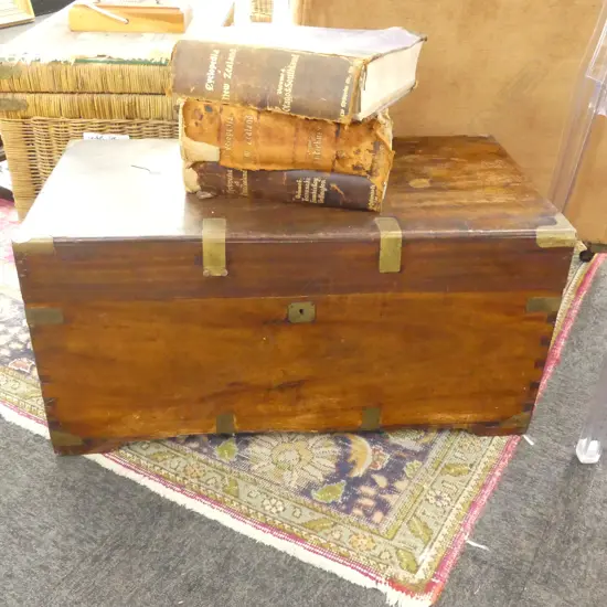 19TH C BRASS BOUND WOODEN TRUNK L 730 MM TOP A/F