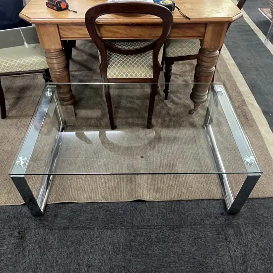 CONTEMPORARY PLATE GLASS & POLISHED STAINLESS STEEL COFFEE TABLE 1100x700