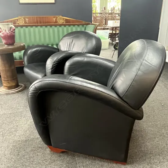 PR OF ART DECO INSPIRED BLACK LEATHER CLUB CHAIRS