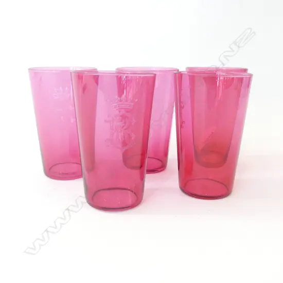 5 CRANBERRY GLASSES w. MONOGRAM H.90mm
