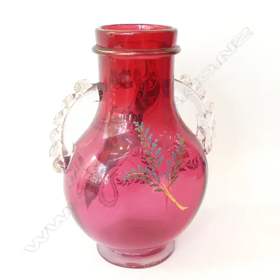LG BOHEMIAN RUBY GLASS VASE, ENAMEL DECORATIONS & CLEAR GLASS APPLIED HANDLES H. 265MM