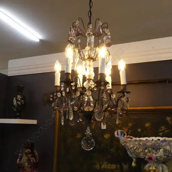 SIX BRANCH METAL AND CRYSTAL CHANDELIER  recently rewired and restored