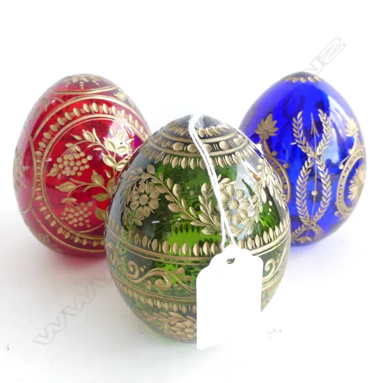 SET 3 RUSSIAN  'FABERGE'  STYLE GLASS EGGS ENGRAVED &  GILDED H.90mm