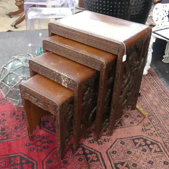 4 CHINESE CARVED WOODEN NESTING TABLES 510x350x635mm