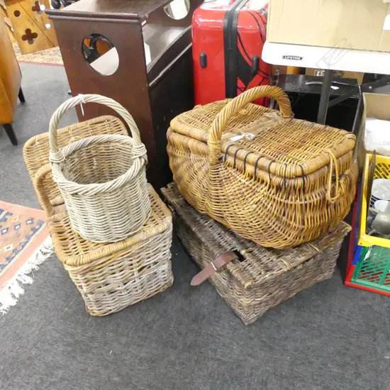 3 WOVEN CANE PICNIC BASKETS + 2 SMALLER BASKETS