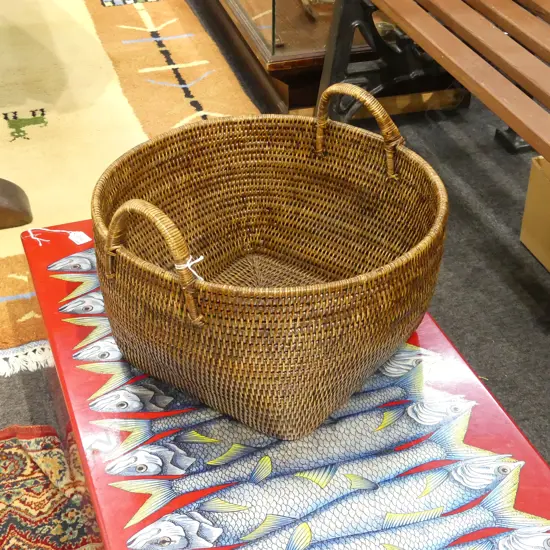 ORIENTAL WOVEN BASKET W/ HANDLES 420mm dia
