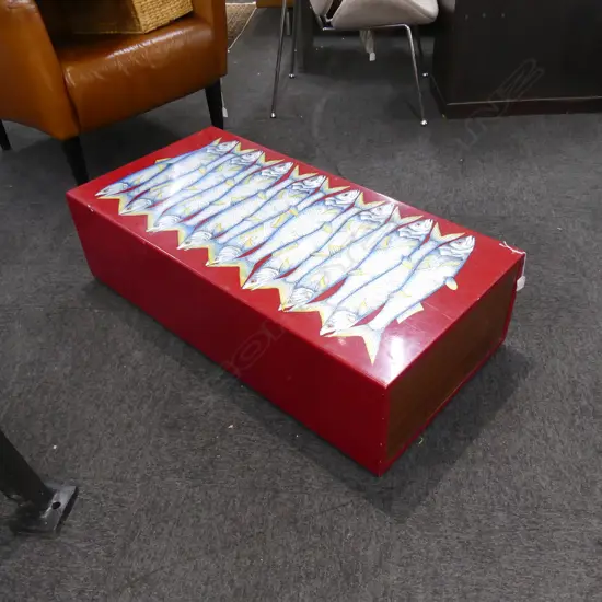 FORNASETTI 'SARDINE' RED LACQUER STORAGE BENCH / COFFEE TABLE w. FISH DESIGN