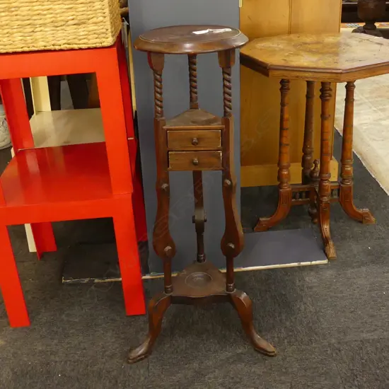 MAHOGANY PLANT STAND WITH 2 SMALL DRAWERS