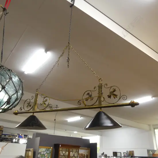 BRASS ROD CEILING LIGHT FITTING WITH TWO LAMP SHADES. W.1510mm
