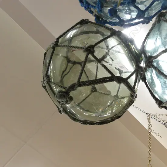 OLD JAPANESE HOKKAIDO GLASS BUOY W NETTING Dia.310mm.