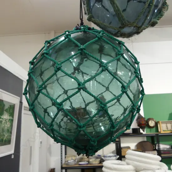 OLD JAPANESE HOKKAIDO GLASS BUOY W NETTING Dia.360mm.
