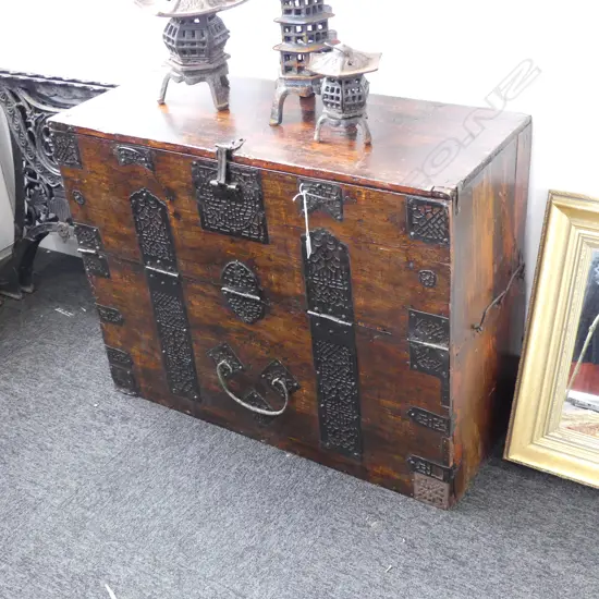 ORIENTAL WOODEN CHEST, DROP FRONT CUPBOARD & DRAWER - WROUGHT IRON DETAILING,L 860 H 760MM