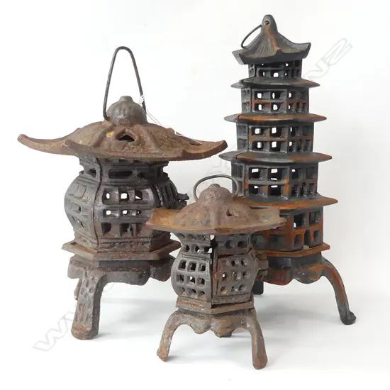 3 CAST IRON PAGODA  HOUSES H. 340, 195 & 160MM