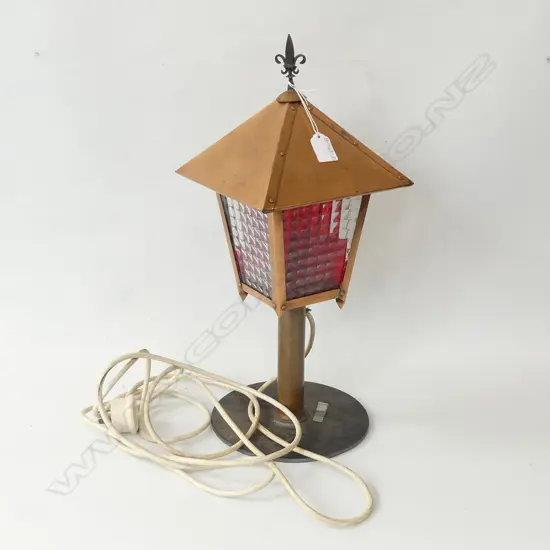 COPPER & BRASS LAMP WITH RED GLASS PANELS H. 500MM