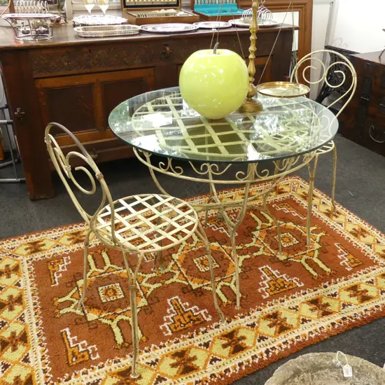 VINTAGE PAINTED METAL PATIO SET; TABLE + PR CHAIRS