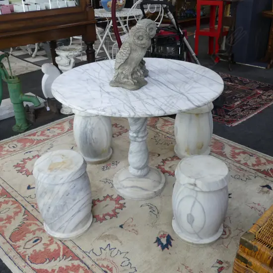 MARBLE OUTDOOR TABLE 920mm dia & 4 STOOLS