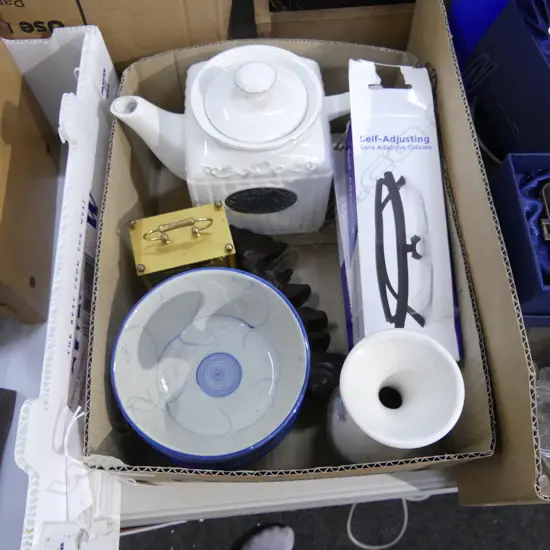 BOX LOT ASST. CHINA, GLASSES ETC