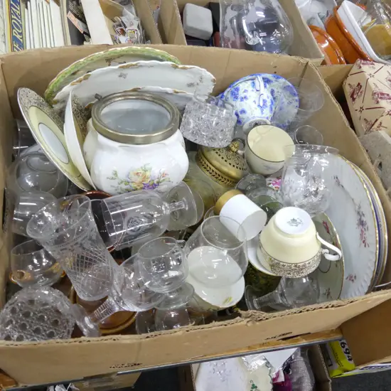 BOX LOT ASST. CHINA, GLASSES ETC