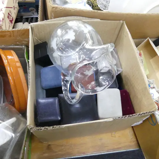 BOX LOT ASST. JEWELLERY CASES + JUG