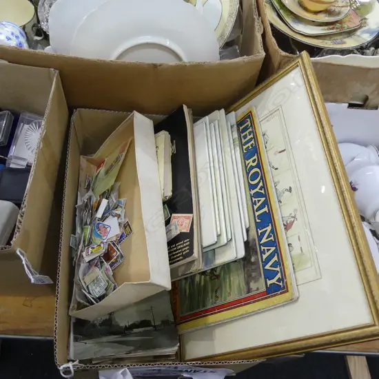 BOX LOT POSTCARDS, STAMPS, HORSE W/C PLACEMATS, RUGBY PRINT ETC