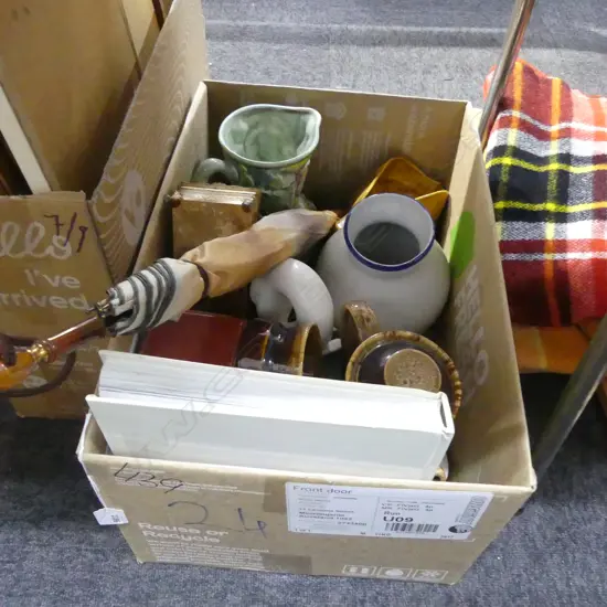 BOX LOT ASST. CERAMICS, SWAN, BEATLES BOOK, UMBRELLA ETC