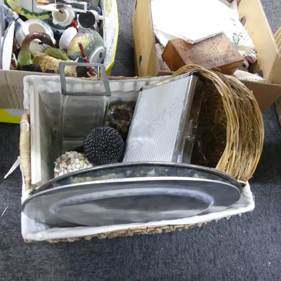 BASKET OF ASST.; DECORATIVE BALLS IN SHELL / SEEDS, CRACKLE GLAZE EGGS, 2 TALL GLASS VASES, TRAYS ETC