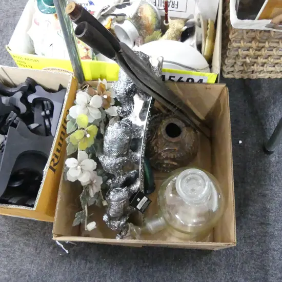 BOX LOT VINTAGE GLASS BOTTLE, FIJIAN CERAMIC BELL, JADE TREE, HAND PRINTED INDIAN COTTON FABRIC, RESIN ELEPHANTS ETC