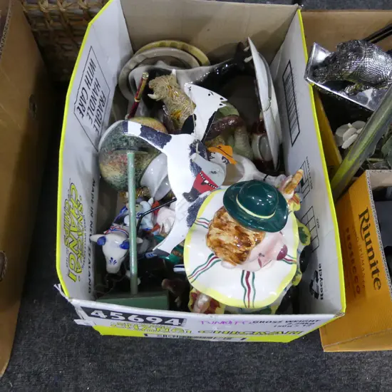BOX LOT ASST. CERAMICS; COWS, SWAN, CLOWN ETC