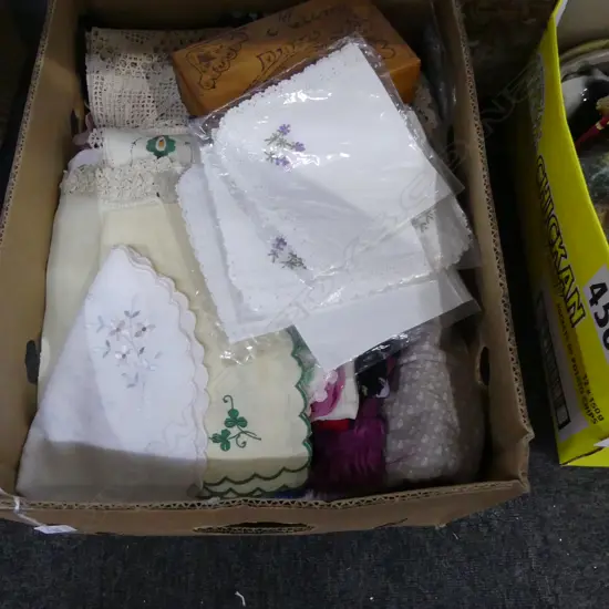 BOX ASST LINEN ETC.. + HAND TOOLED WOODEN TRINKET BOX