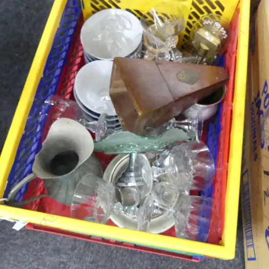 BOX LOT ASST. GLASSWARE, METRONOME ETC